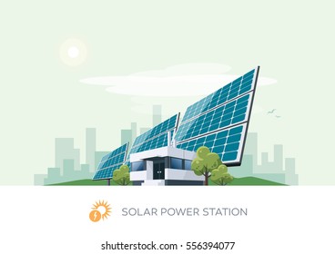 Vector illustration of solar power station building icon with sun and urban city skyscrapers skyline on green turquoise background.