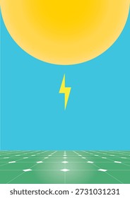 Ilustração vetorial do tema de energia renovável solar. Um grande padrão de painel solar em primeiro plano e um sol semicírculo em cima com um símbolo de relâmpago no meio.