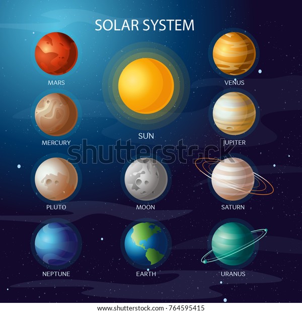 太陽系のベクターイラスト 全ての惑星太陽水星月面地球が夜空に火星にある 宇宙 宇宙銀河天文学科学 のベクター画像素材 ロイヤリティフリー