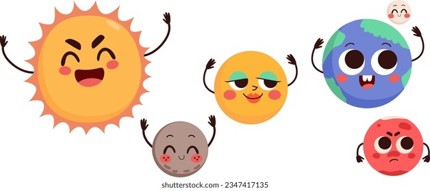 Vector illustration of solar system mascot character elements. Sun, mercury, Venus, earth, moon and mars planets