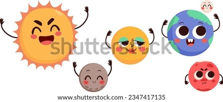 Vector illustration of solar system mascot character elements. Sun, mercury, Venus, earth, moon and mars planets
