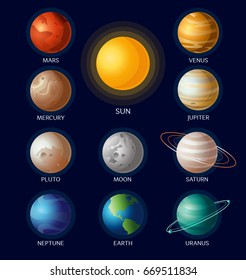 Vector illustration of solar system objects all planets with names and Sun on dark blue background in flat cartoon style.