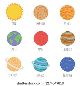 Vector illustration of the solar system planets, signed with the names of the planets