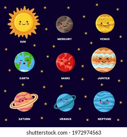 Vector illustration of Solar system planets with names. Sun and planets in cartoon style. 