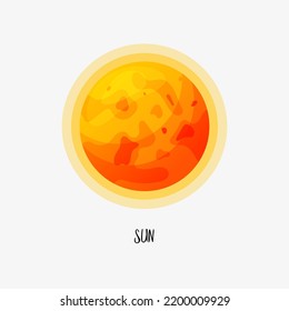 Vector illustration of the solar system planets. Cartoon Sun planet for kids posters, postcards. isolated on white background. Orange space. 