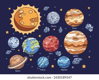 Vector illustration of the Solar System planets. From the rocky terrain of Mercury to the mysterious depths of Neptune, each planet is depicted with unique features and characteristics.