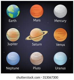 Vector illustration solar system planets icons on dark sky background. Astronomy educational 