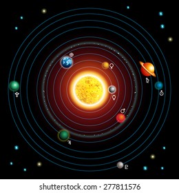 Vector illustration of solar system showing planets around sun.