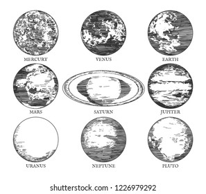 Vector illustration of a solar system space galaxy planets in hand drawn vintage engraving style. Mercury, Venus, Earth, Mars, Saturn, Jupiter, Uranus, Neptune, Pluto. 