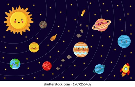 Vector illustration of Solar system with stars and asteroids. Sun and planets in cartoon style. 