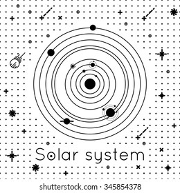 vector illustration of solar system with stars and inscription "Solar system". 