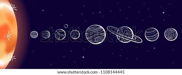 太陽 水星 金星 地球 月 火星 木星 土星 天王星 海王星を含む太陽系のベクターイラスト 惑星の順序を示す図 スケッチとリアルなカートーンの輪郭のスペースシンボル のベクター画像素材 ロイヤリティフリー