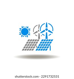 Vector illustration of solar system, wind turbine and sun. Icon of alternative renewable green power. Symbol of electricity energy.