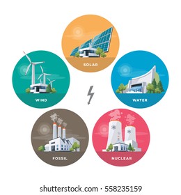 Vector illustration of solar, water, fossil, wind, nuclear power plants. Different sources of energy mix. Renewable energy. Electric power station types with natural, thermal, hydro, chemical energy.