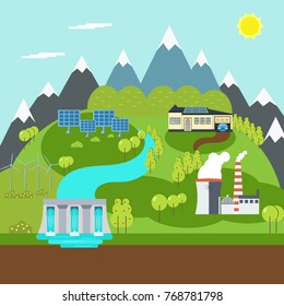 Vector illustration of solar, water, wind, nuclear power plants.