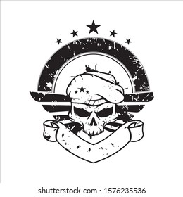 Vector illustration Soldier Army of a Skull beret with no Jaw with circular wings and ribbons, circles and stars on it. with effect, with scratch effect and splash paint. tatoo, black, silhouette.