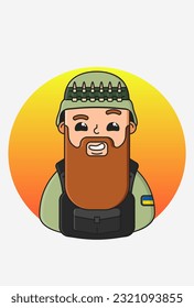 Vector illustration of a soldier with a brown long beard on a round orange background