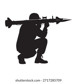 Vektorgrafik eines Soldaten, der mit einem Raketenwerfer kauert und zielt und militärische Präzision und Bereitschaft symbolisiert. Dieses Silhouettendesign eignet sich ideal für Projekte zu Militärthemen, für die Kunst der Verteidigungsindustrie und für taktische Illustrationen