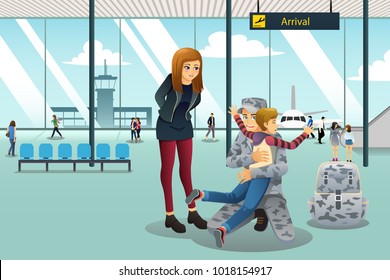 A vector illustration of Soldier Dad Coming Home Greeted by His Son at the Airport