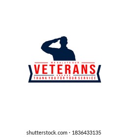 Vector illustration of a soldier giving salute with ribbon and text we salute our veterans thank you for your service isolated on white background perfect for Veterans Day illustration 