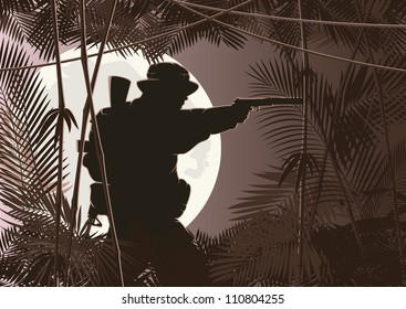 vector illustration of soldier in jungle forest
