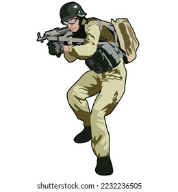 vector illustration of a soldier in a position attacking bravely with a rifle