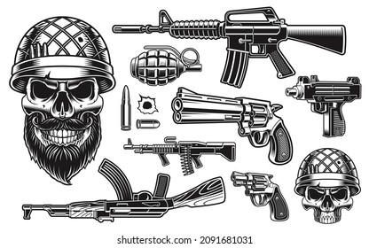 A vector illustration of a soldier skull with different weapons such as m16 rifle, ak47, revolvers, and others, these vector illustrations can be used as t-shirt prints.