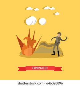 Vector illustration of soldier throwing hand grenade on battlefield. Flat style design element.