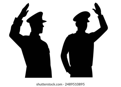Vector illustration of a soldier's silhouette saluting against a white background. The concept of soldiers, army, and military is depicted in this artwork.