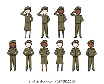 Vector illustration of soldiers standing in different poses on White background