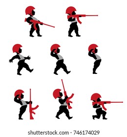 Vector illustration of soldiers such cupid with rifle. Military icons set.