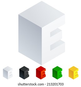 Vector illustration of solid 3D letter in isometric view. Alphabet characters. Letter e