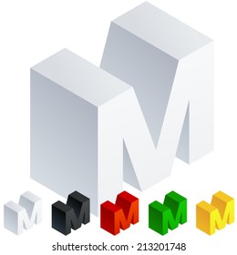 Vector illustration of solid 3D letter in isometric view. Alphabet characters. Letter m