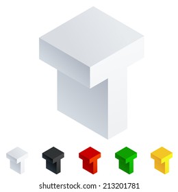 Vector illustration of solid 3D letter in isometric view. Alphabet characters. Letter t