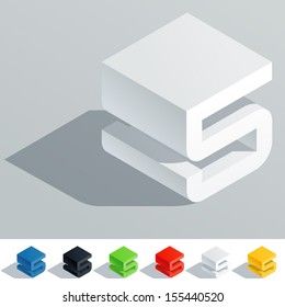 Vector illustration of solid colored letter in isometric view. Cube styled monospace characters. Symbol 5