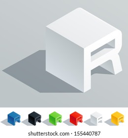 Vector illustration of solid colored letter in isometric view. Cube styled monospace characters. Symbol R