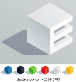 Vector illustration of solid colored letter in isometric view. Cube styled monospace characters. Symbol E