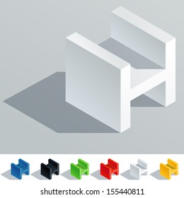 Vector illustration of solid colored letter in isometric view. Cube styled monospace characters. Symbol H