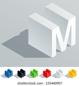 Vector illustration of solid colored letter in isometric view. Cube styled monospace characters. Symbol M