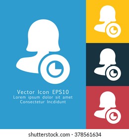 Vector illustration of solid female user icon with timer sign . Could be used as menu button, user interface element template, badge, sign, symbol, company logo