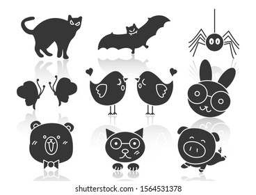 Vector illustration of solid icons for Dog, Bat, Pig, Spider, Bird, Butterfly, Cat, Bear, Rabbit and shadow. Symbols set.