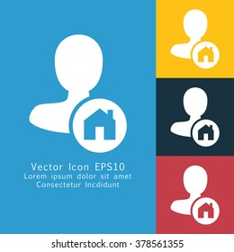 Vector illustration of solid male user with home symbol icon. Could be used as menu button, user interface element template, badge, sign, symbol, company logo
