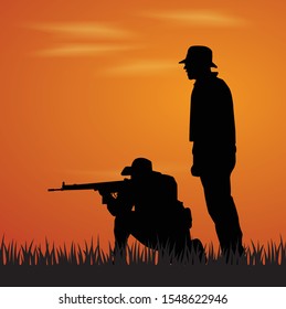 Vector illustration soliders with gun. white background. soldiers with sunset background.