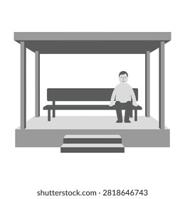 Vector illustration of a solitary man sitting on a bench under a simple shelter. Minimalist grayscale icon representing loneliness, waiting, or urban transit.