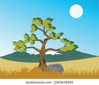 Ilustración vectorial árbol solitario sobre el fondo de las montañas
