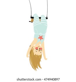 Vector illustration of a solo girl hanging upside down on acrobats swing isolated.