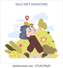 Ilustración vectorial de un excursionista en solitario con una mochila explorando la naturaleza. La persona utiliza un mapa para orientarse, rodeado de árboles y flores, destacando un viaje aventurero.