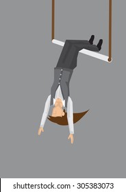 Vector illustration of a solo woman hanging upside down on acrobats swing isolated on grey background.