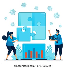 Vector illustration of solving problem in business when covid-19 pandemic. Puzzle game to teamwork and leadership. Design can be used for landing page, website, mobile app, poster, flyers, banner