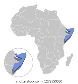 Vector illustration of Somalia in blue on the grey model of Africa map with zooming replica of country